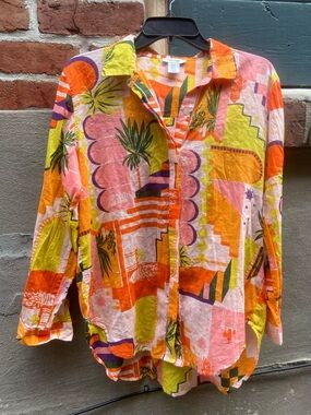 Haute Hippie Orange Pink Yellow Abstract Button-Down Shirt
